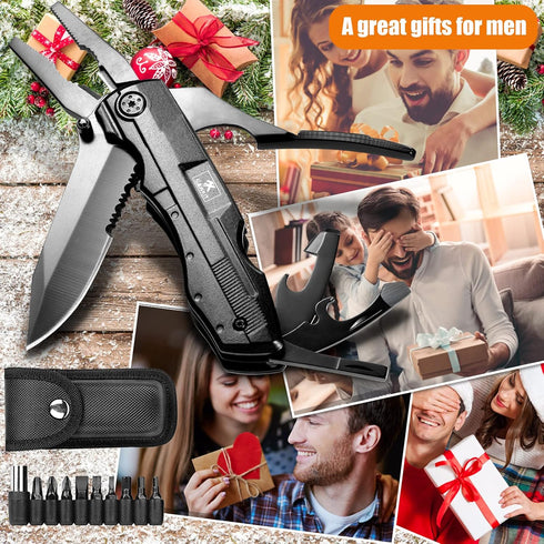 Multitool Pocket Pliers with Folding Knife, Stainless Steel Survival Camping Knife, Durable Sheath, Gifts for Men