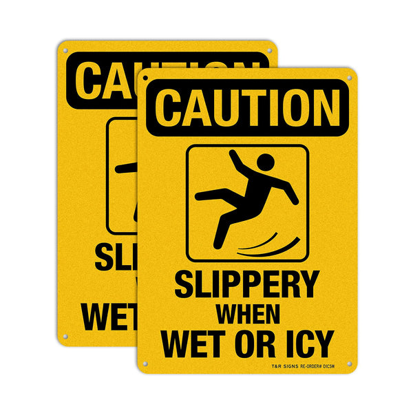 Slippery When Wet Or ICY Sign, Caution Sign 2 Pack, 10" x 7" Rust Free Aluminum with Pre-drilled Holes