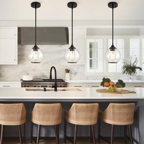 Shade,6.29" 1 Pendant Lights Kitchen Island,Farmhouse Black Pendant Light with Clear Glass Globe Glass Pendant Light