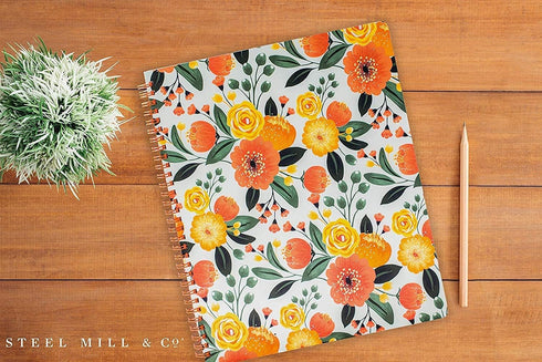Steel Mill & Co Large Spiral Notebook, College Ruled, 11" x 9.5", Durable Hardcover, 160 Lined Pages, Orange Floral