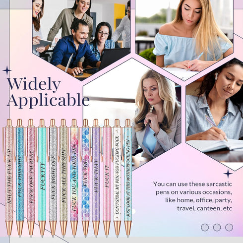 Glenmal 12 Pieces Glitter Swear Word Ballpoint Pens, Funny Negative Pens for Adults, Office Supplies