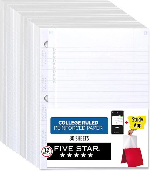 Five Star Loose Leaf Paper + Study App, 12 Pack, College Ruled Paper, 8-1/2" x 11", 80 Sheets per Pack