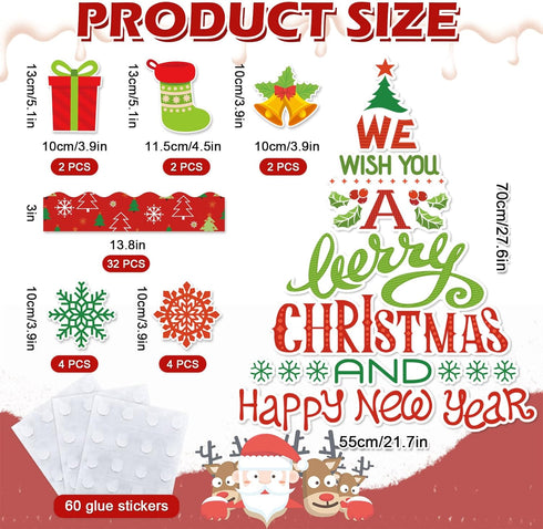 Whaline 105Pcs Christmas Bulletin Board Decoration Kit with Xmas Tree Snowflake Paper Cutouts and Border Stickers