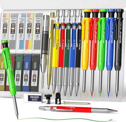 Nicpro 27 Pack Carpenter Pencils - Mechanical Pencil with 100 Refill, Automatic Center Punch, Carpenter Tool