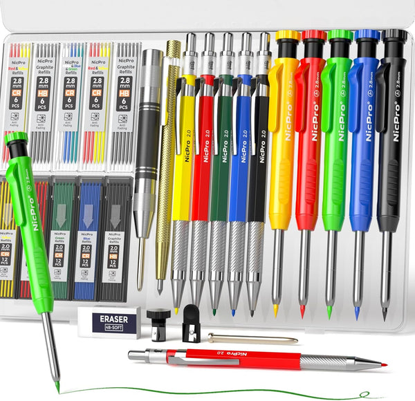 Nicpro 27 Pack Carpenter Pencils - Mechanical Pencil with 100 Refill, Automatic Center Punch, Carpenter Tool
