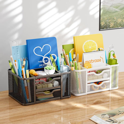 Marbrasse Mesh Desk Organizer - Pen Holder with 2 Drawers, Multi-Functional for Office Art Supplies