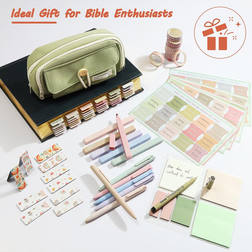 Bible Journaling Kit, Highlighters and Pens No Bleed, Laminated Tabs, Sticky Notes, Pencil Case, Study Supplies