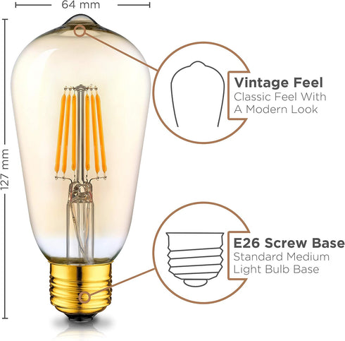 Hudson Vintage LED Edison Light Bulbs, 6W, 2200K Dimmable Warm Light, 60W Equivalent, E26/27 Base, 6 Pack