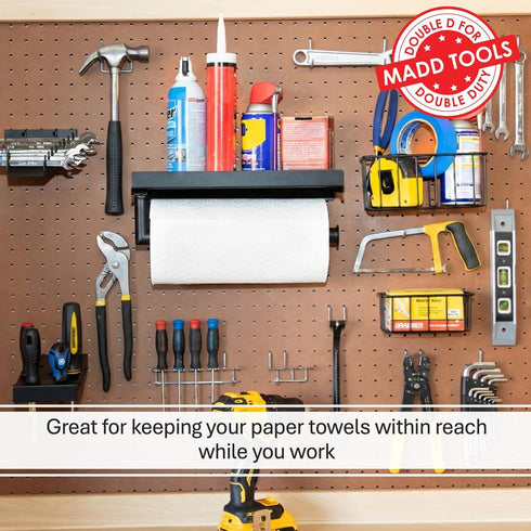 Pegboard Paper Towel Holder and Shelf, Peg Board Accessory Kit with Heavy Duty Pegboard Hooks for Garage Workshop Craft