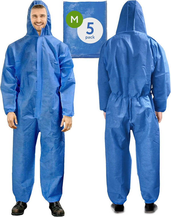 AMZ Medical Supply Disposable Coveralls with Hood, Medium, Blue, Pack of 5,