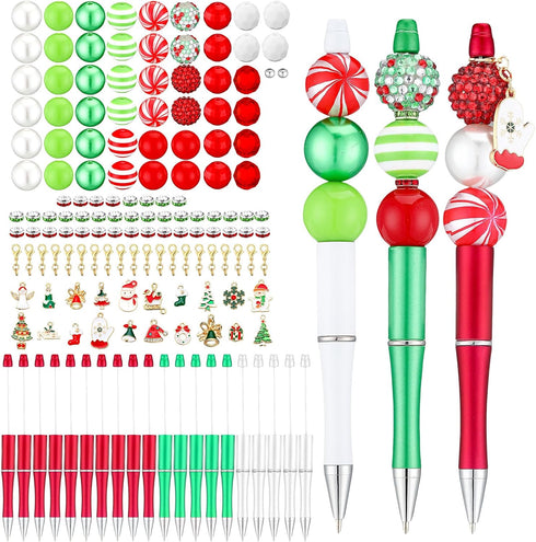 Gueevin 150 Pcs Christmas Beadable Pen Kit - Beaded Ballpoint Pen with Diamond Spacer and Assorted Charms