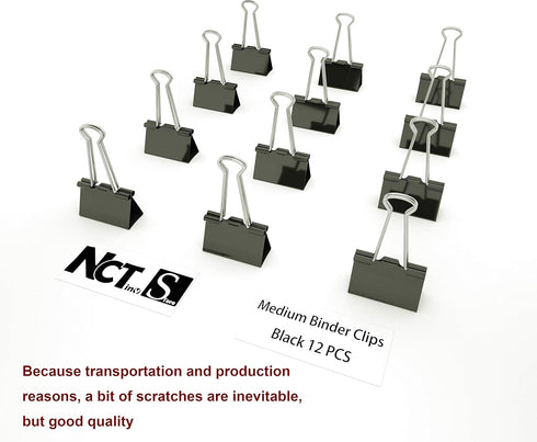 Binder Clips Medium Metal Clamp, 1.25 inch / 32 mm (Black, 12-PCS)