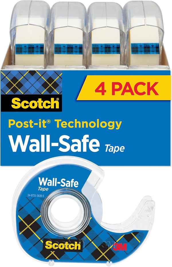 Scotch Wall-Safe Tape, 4 Dispensered Rolls, Invisible, Photo Safe, 3/4 in x 650 in (4183)