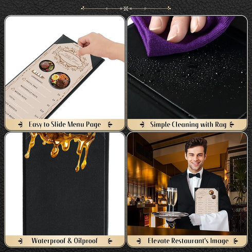 4.25" 11" 10 Pack 1 Menu Covers x View Black PU Leather Restaurant Menu Holders, Single Panel with Angled Corners