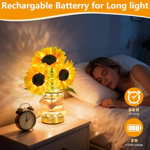 3-Colour Dimming 3 Handmade Sunflower Lamp, Rechargeable Cordless Touch Table Lamp, Infinitely Small Night Light