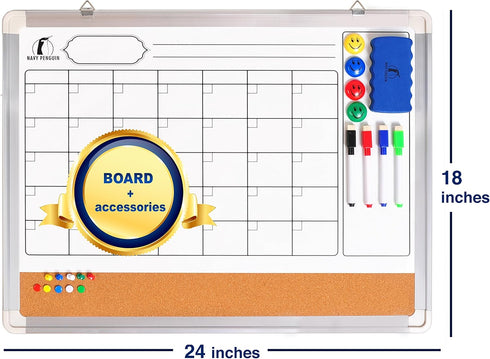 Whiteboard Monthly Wall Calendar Set | 24 x 18 inch Magnetic Dry Erase/Cork Board Planner with Accessories