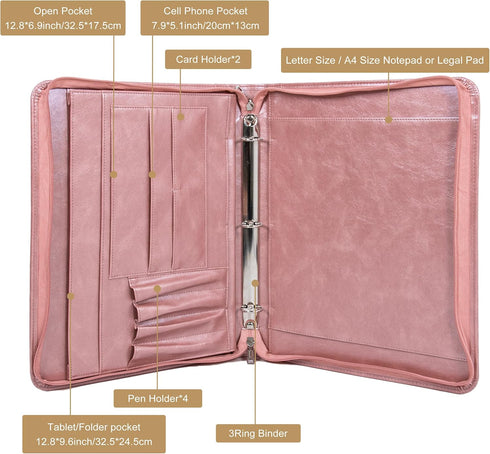 AZXCG Zipper Binder Portfolio for Women, 3 Ring 1 Inch PU Leather Padfolio, Gift for Her