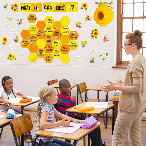 Harloon 54 Pcs Bee Bulletin Board Decorations, Bee Cutouts with Sunflowers and Daisy for Classroom Wall Decor