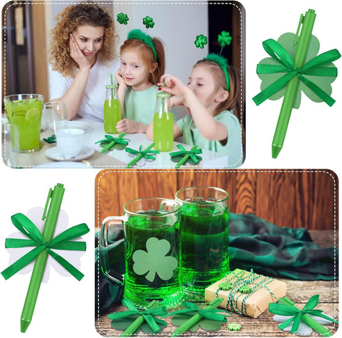 Geyee 24 Pack St. Patrick's Day Shamrock Pen with Sticky Notepad - Kids Bulk Shamrock Shaped Ballpoint Pen, Ribbons,