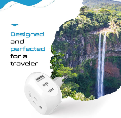 Ceptics European Travel Plug Adapter - 5 Input with 20W PD-QC 3.1A Dual USB-C, USA to Type C Countries, White
