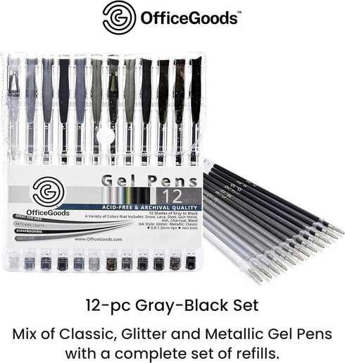 OfficeGoods Grey & Black Gel Pens with Refills – Glitter Metallic Classic, 12 Pack, Non-Toxic