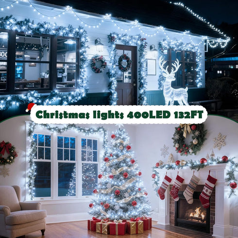 132FT 400 8 Christmas String Lights LED Cool White Dark Green Wire, Indoor Outdoor Waterproof Fairy Lights with Modes