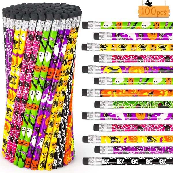 HINZER 100PCS Halloween Pencils Assorted Pattern Pens with Eraser for Halloween Party Favors Gifts Trick or Treat