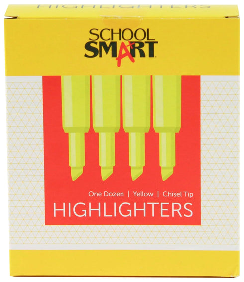 School Smart Tank Style Highlighter, Chisel Tip, Yellow, Pack of 12