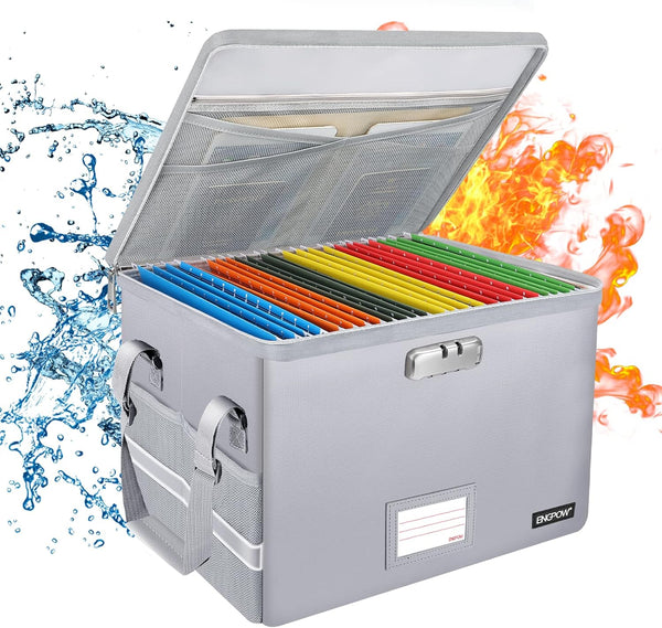 ENGPOW Fireproof Box with Lock, Collapsible Document Box with Zippers, Portable Home Office Safe for Hanging