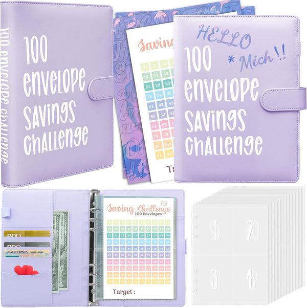 Axolotl 100 Envelopes Money Saving Challenge Binder, A5 Budget Challenges with Cash Envelopes for 100 Days (Matt Purple)