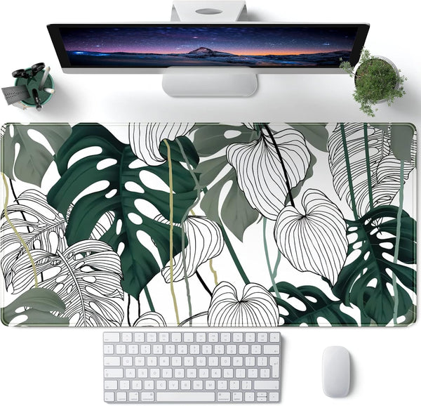 Desk Mat Green Plant Leaf, Large Mouse Pad for Women Office Decor, XXL Mousepad 31.5''X15.7'' Non-Slip Rubber Base