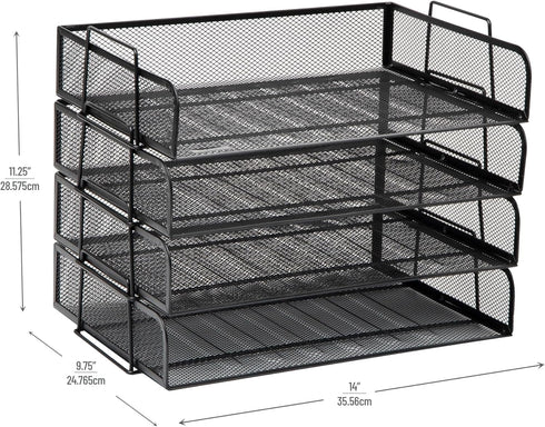 Mind Reader Stackable Paper Tray, Metal Mesh Desktop Organizer, File Storage for Office, 4 Pcs, Black