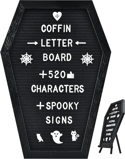 Coffin Letter Board - 520 Characters Spooky Halloween Characters with Stand and Canvas Bag, 16x11 Inches
