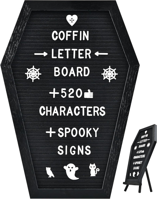 Coffin Letter Board - 520 Characters Spooky Halloween Characters with Stand and Canvas Bag, 16x11 Inches