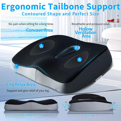 ANKUNABA Tailbone Seat Cushions for Office Chairs, Large Memory Foam Desk Chair Cushion for Coccyx Sciatica Back Pain