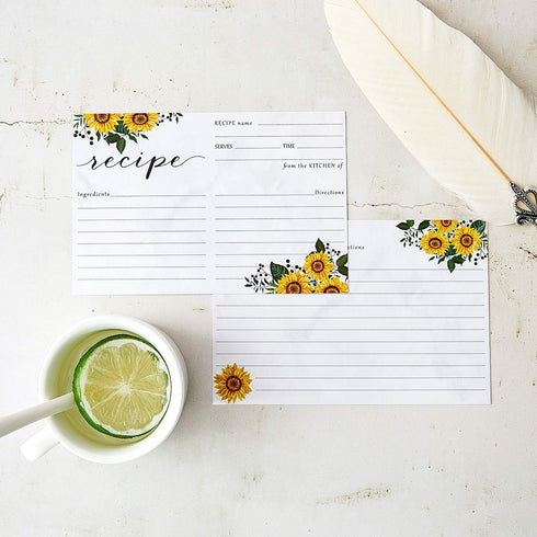 Zonon 50 Pieces Sunflower Recipe Cards, 4x6 Double Sided Kitchen Note Cards for Wedding, Bridal Shower