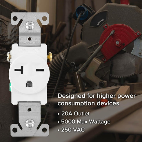 Maxxima 20A Single Receptacle Outlet, 2 Pack, 250 VAC Commercial Grade White Electrical Outlet for Renovations