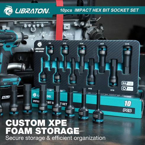 Set, 1/2" S2 10PCS H5-H19) LIBRATON Impact Hex Bit Socket Dr, Steel, High Torque Sockets(Metric for Professional