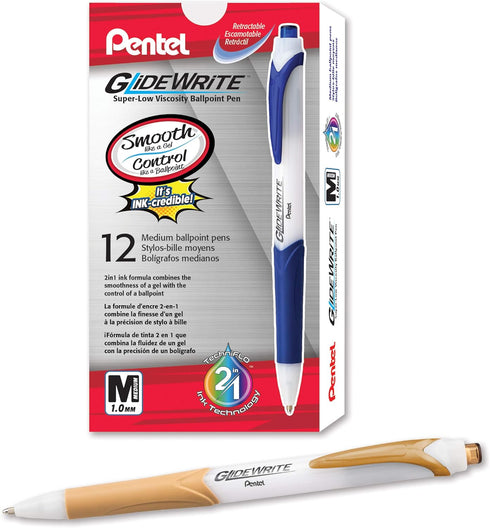 Pentel GlideWrite Ballpoint Pen with TechniFlo Ink - (1.0mm) Medium Line, Antique Gold Ink, Box of 12