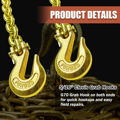 Transport Binder Chain G80 5/16 Inch x 20 Foot | Heavy Duty Tow Chain with Clevis Grab Hooks, 4,900 lbs Safe Working