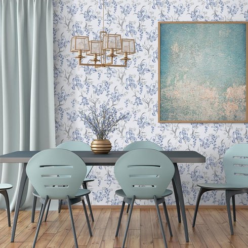 17.7"x118" Blue Grey Floral Peel and Stick Wallpaper, Iris Flower Bouquet Mural for Bedroom Nursery