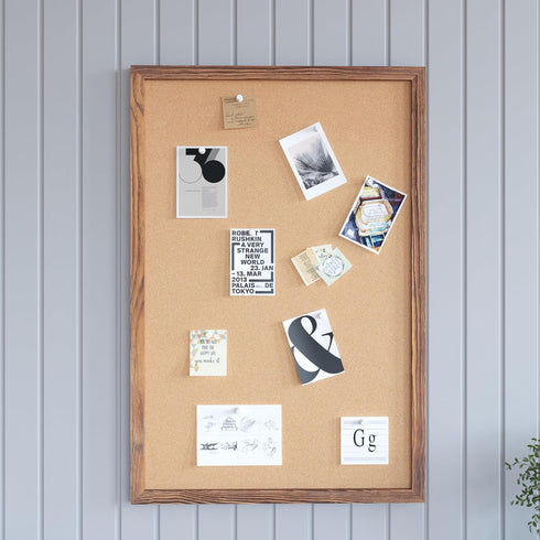 HBCY Creations Wall Mount Cork Board, 24"W x 36"H, Torched Wood with 6 Wooden Push Pins, Solid Pine Frame
