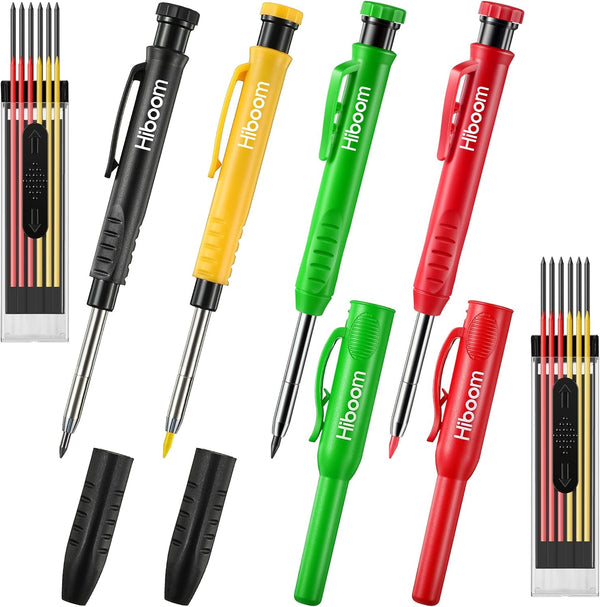 Hiboom 4 Pack Carpenter Pencils Set with 24 Refills, Mechanical Pencil for Woodworking Marking Tool