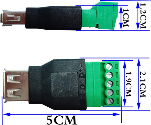 CGTime USB 2.0 A Screw Terminal Block Connector, Female Plug to 5 Pin/Way Female Bolt Screw Shield (2Pack)