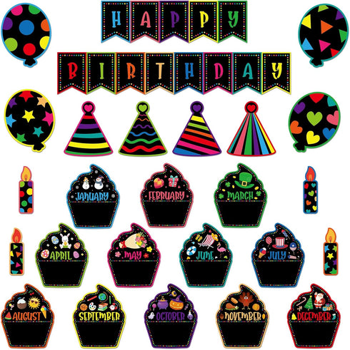 PETCEE 27PCS Happy Birthday Bulletin Board Set for Classroom Wall Decoration Birthday Chart