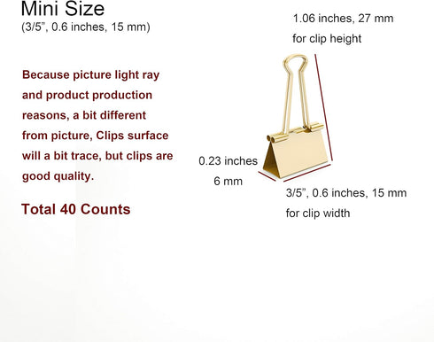 Gold Binder Clips Mini Metal Clamp 3/5" / 0.6-inch / 15-mm (Golden, 40-Count) by nctinystore