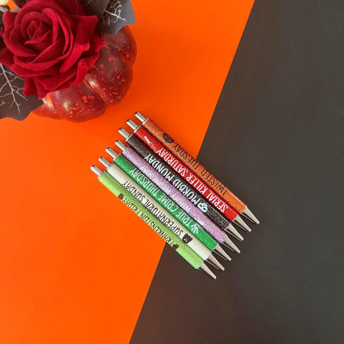 Jxueych 7Pcs Halloween Weekday Pens, Glitter Pens with Funny Sayings, Cute Gifts for Colleagues Office Supplies