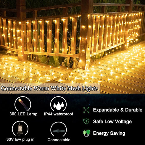 300LED 14.8ft 5ft 8 Net Lights, x Modes Connectable Christmas Outdoor String Mesh Lights, Waterproof Decorative Fairy