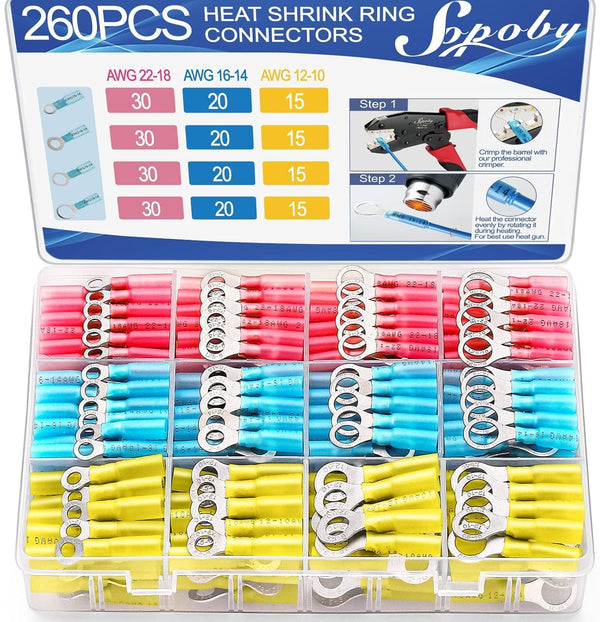 260PCS Heat Shrink Ring Terminals, Sopoby Marine Grade Ring Connectors Tinned Red Copper 16-14 22-18 12-10 Gauge