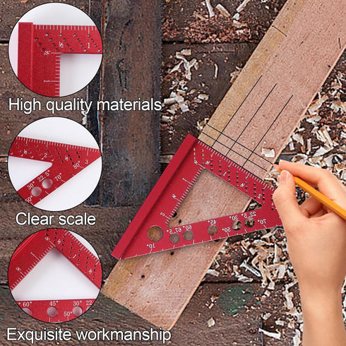 Small Carpenter Square, 90 Degree Woodworking Measuring Tool with Fixed Miter Angle Pin (Red)
